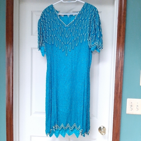 Sweelo Dresses & Skirts - Beaded Midi Lined Dress XL 12-14 Pearl Jawbite Hem Turquoise Aqua Blue ex beads